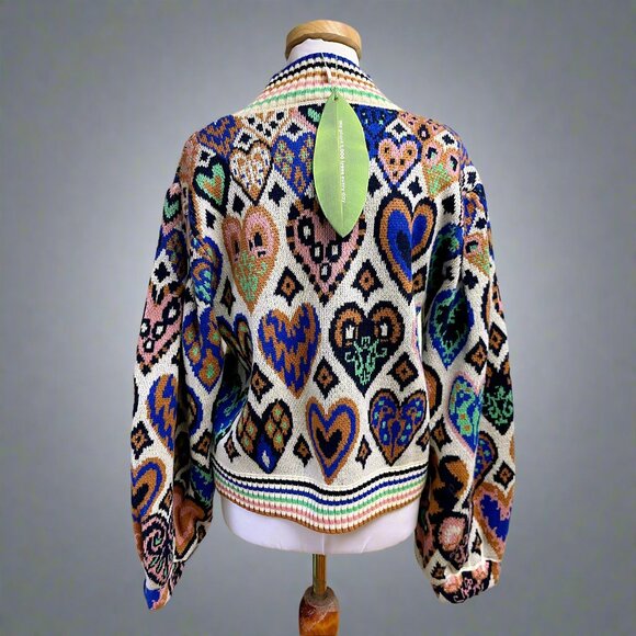 Farm Rio multi-color Hearts Ikat sweater, size M, NEW WITH TAGS! - Picture 2 of 3